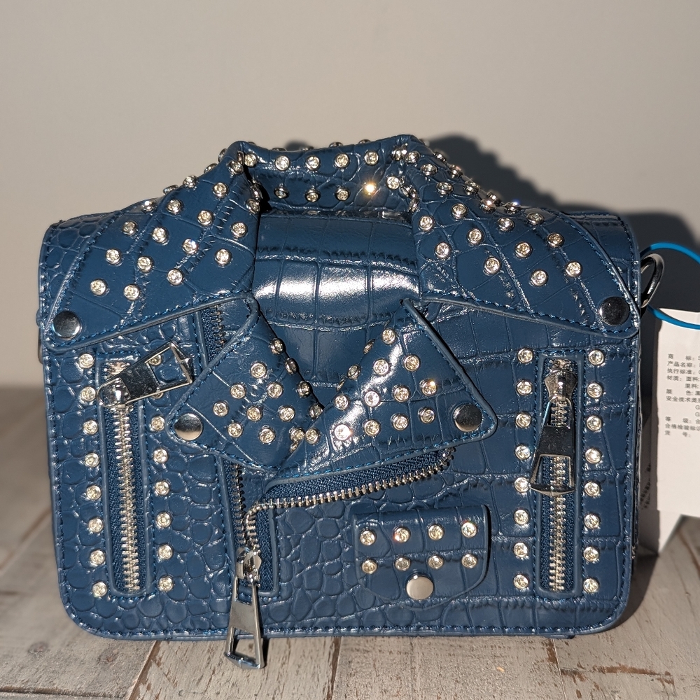 Sivani Navy Crocodile Embossed Faux Leather Crossbody Jacket Bag with Detachable